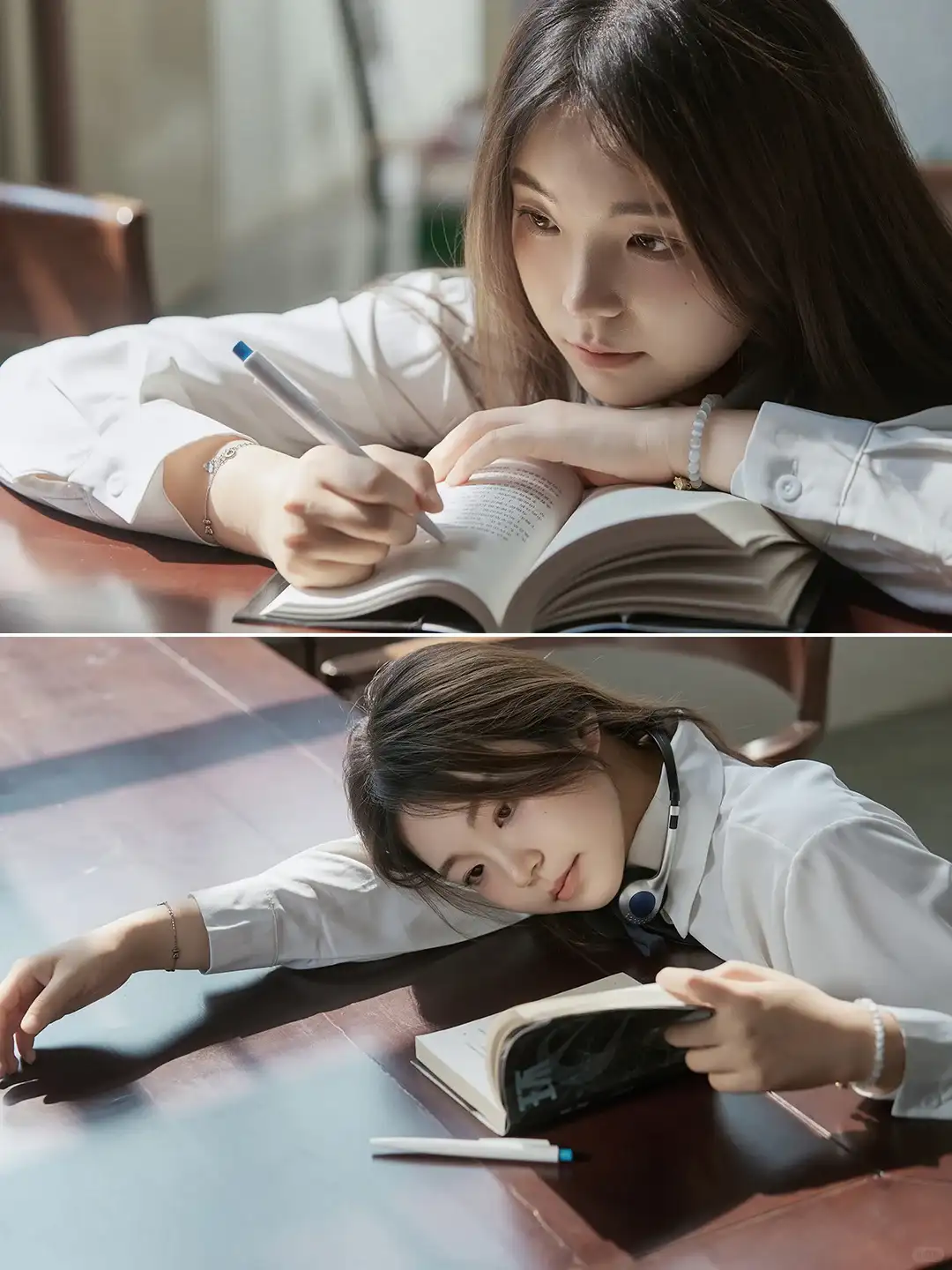 坐桌边（懒懒散散地写字看书也行，只要动作自然拍出来效果就不差）