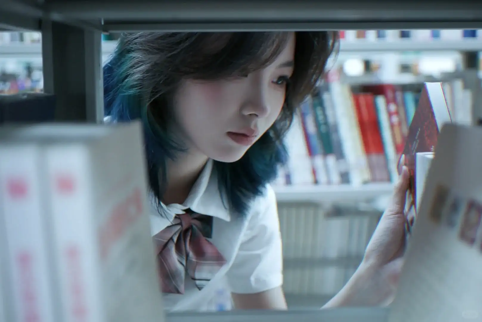 拿书（如果是拍特写，就俯身拿低的书）